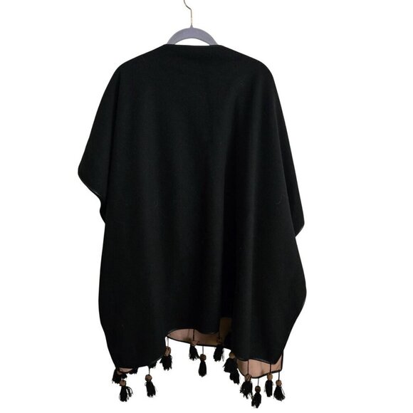 Neutral Reversible Cape Poncho Beige Black Faux Leather Trim Pom Pom One Size - Picture 4 of 6